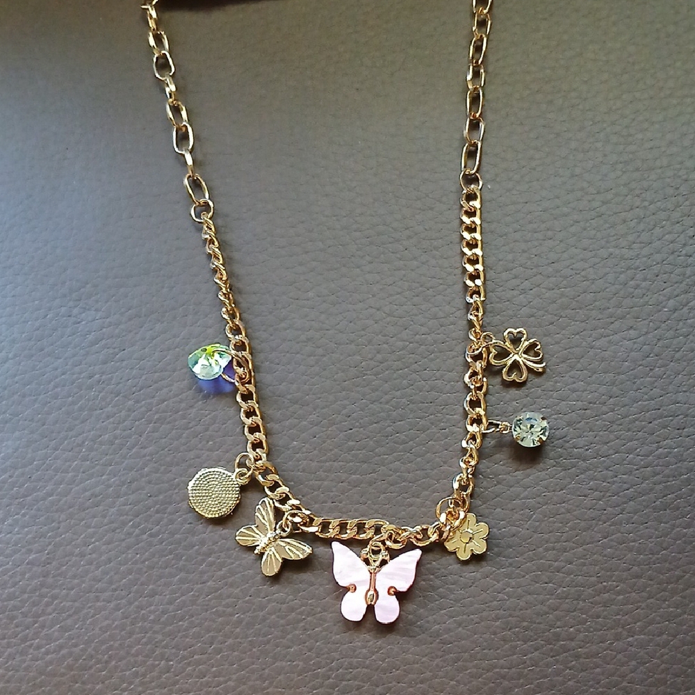 Mint Gold Necklace with Pink Butterfly and Charms - Picture 5 of 6